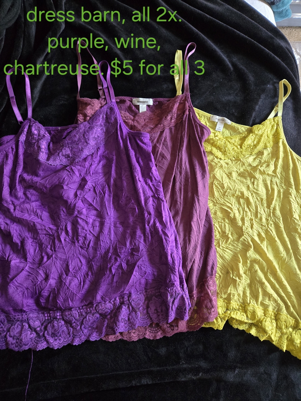Dress Barn Lace-Trim Camisole Trio — Purple, Wine, Chartreuse